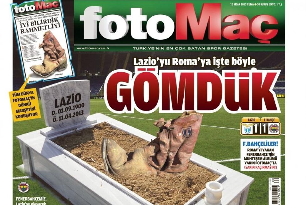 TAR'N HELT UT: Den tyrkiske avisa Fotomac kj�rer knallhardt p� livets store sp�rsm�l, b�de f�r og etter kvartfinalem�tet mellom Lazio og Fenerbache i Europa League. Faksimile: Fotomac