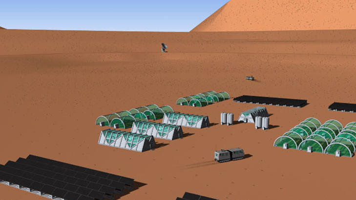 LANDSBY: Slik ser planleggerne for seg at det skal se ut p� Mars-leiren. I drivhusene skal det dyrkes planter for � skaffe mat til innbyggerne. Illustrasjon: MARS ONE