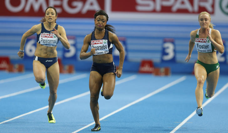 ENDA EN REKORD: Ezinne Okparaebo satte nok en norsk rekord, da hun l�p inn til 7,13 p� 60-meteren under EM i G�teborg i mars. Her flankert av Ramona Papaioannou fra Kypros og irske Amy Foster. Foto: REUTERS / Phil Noble / NTB Scanpix