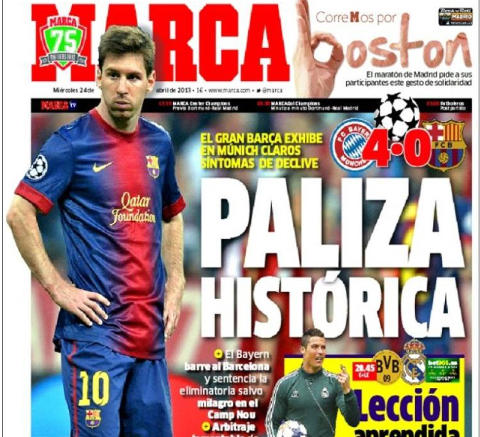 HISTORISK: Marca lar blant annet Lionel Messi gjennomg� i dagens utgave av den spanske sportsavisa. Faksimile: Marca.com