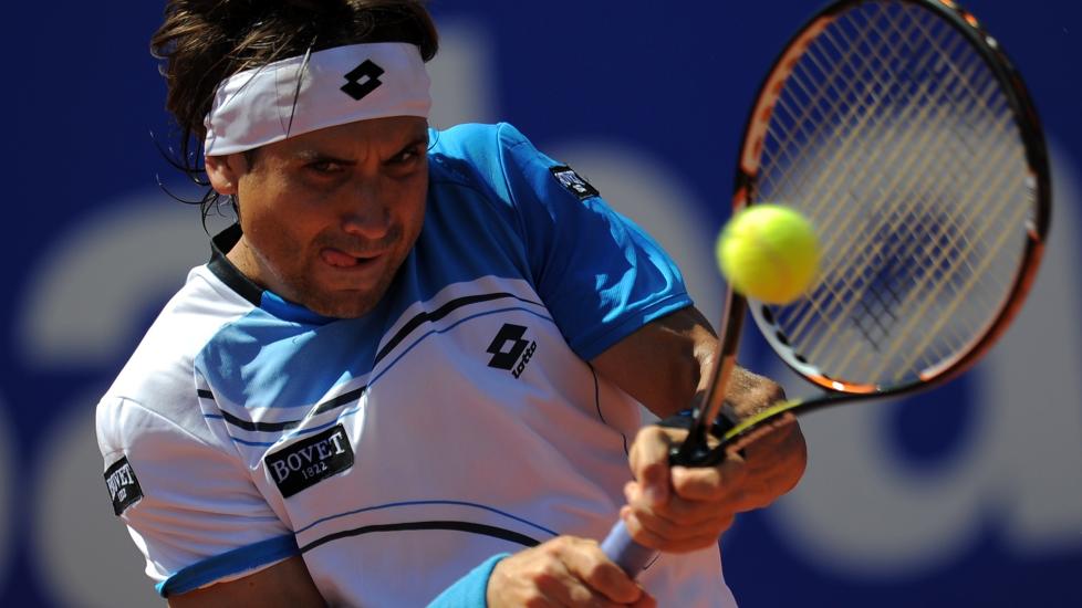  UTE:  Spanske David Ferrer m�tte gi tapt for  russsiske Dmitry Tursunov under Barcelona Open onsdag. Foto: AFP PHOTO / LLUIS GENE / NTB Scanpix