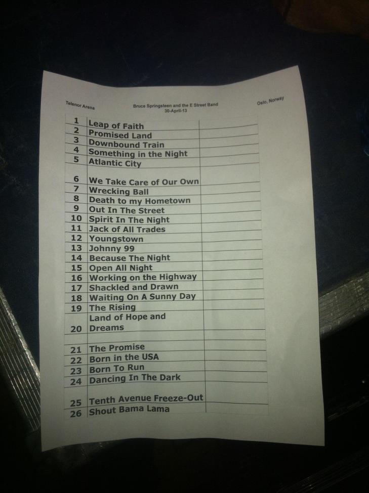KVELDENS SETTLISTE: Her er det oppf�rt 26 l�ter - �n mindre enn The Boss spilte i g�r. Han endte imidlertid opp med en litt modifisert versjon av planen sin.