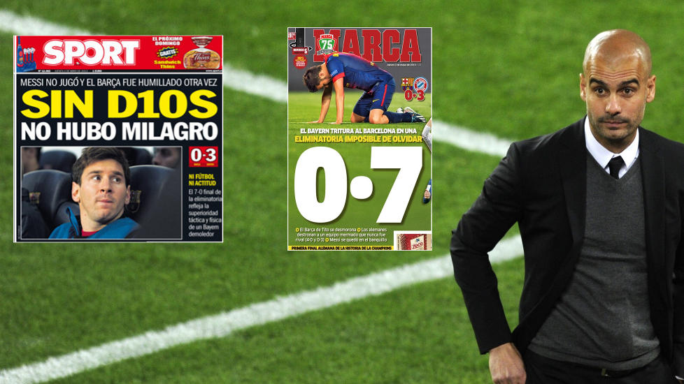 INGEN MIRAKEL UTEN GUD: Lionel Messis frav�r og savnet av Pep Guardiola er samtaleemnene dagen derp� i spanske aviser. Foto: AFP PHOTO / PIERRE-PHILIPPE MARCOU / NTB Scanpix