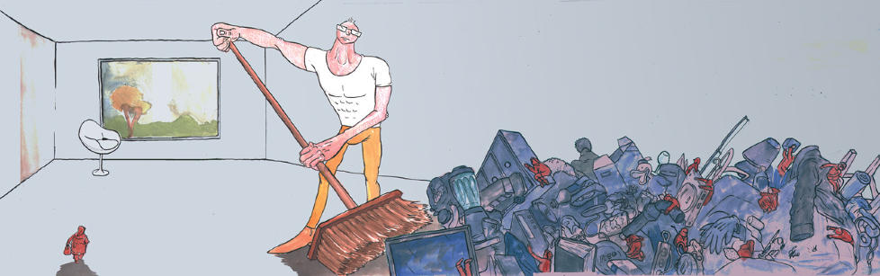 SKANDINAVISK N�KTERNHET: Mens romfolk trenger ting, kvitter rike nordmenn seg med sitt jordiske gods. Fine ting er f� ting. Ordet �uncluttering� gir 11.800 Google-treff. For f� �r siden var det ikke et ord engang. Rike nordmenn dyrker skandinavisk n�kternhet i stua, skriver Knut N�rum. Illustrasjon: Flu Hartberg