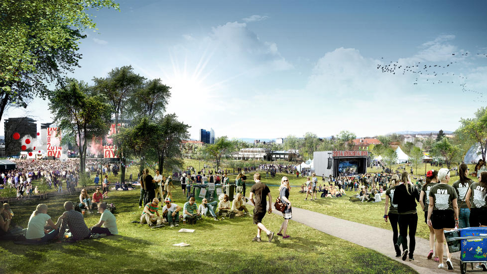P� FLYTTEFOT: Slik ser �yafestivalen for seg at det kan bli i T�yenparken i 2014. �rets festival blir den siste p� et par �r som avholdes i middelalderparken. Illustrasjon: Superunion
