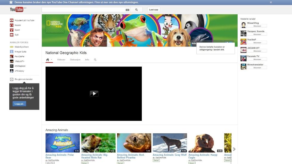 Koster penger: National geographic kids er en av kanalene som n� koster penger p� Youtube. Foto: Skjermdump / Youtube