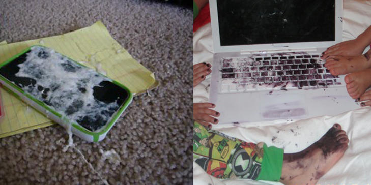 LE ELLER GR�TE: Hva gj�r man n�r iPhonen er dekket av oppkast eller laptopen dekorert med bl� neglelakk? Deler bildene med andre sm�barnsforeldre, s�klart. FOTO: Shitmykidsruined.com