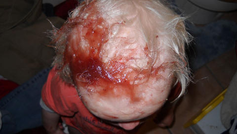 IKKE S� ILLE SOM DET SER UT: Herregud, jeg holdt p� � besvime da jeg kom ut p� kj�kkenet og fant Zander seende slik ut. Heldigvis viste det seg � v�re jordb�rsyltet�y! FOTO: Shitmykidsruined.com