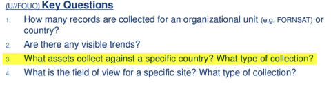 PURPOSE OF SIGINT: «What assets collect against a specific country?» has been the core purpose of Boundless Informant as described by the NSA itself, according to NSA-documents, writes Greenwald. PURPOSE OF SIGINT: «What assets collect against a specific country?» has been the core purpose of Boundless Informant as described by the NSA itself, according to NSA-documents, writes Greenwald.