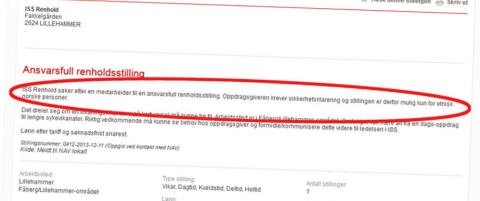 ISS søker renholder. Kriterium: Må være etnisk norsk