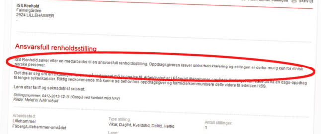 ISS søker renholder. Kriterium: Må være etnisk norsk