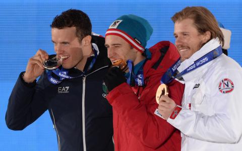 Medaljevinnerne i utfor, alpint: Christof Interhofer (bronse), Matthias Mayer (gull) og Kjetil Jansrud (bronse).