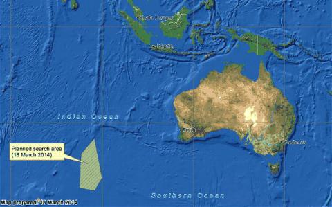<b>I HAVET:</b> Australske myndigheter gjennomsøker dette området fra i dag. Hele søkeområdet, som strekker seg fra Kashakstan i nord til det sørlige indiahavet i sør, er på 2,24 millioner nautiske kvadratmil, eller 7,7 millioner kvadratkilometer.