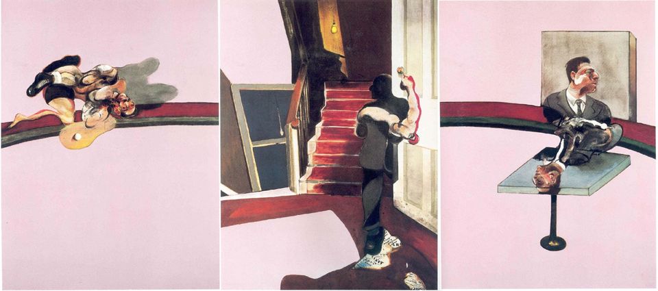Triptych - In Memory of George Dyer 1971Store retrospektive utstillinger i New York i 1985 og i Paris i 1971 ble til triumfer allerede i Bacons levetid. Men utstillingen i 1971 sammenfalt med det tragiske selvmordet til Bacons elsker George Dyer. Foto: Tate/Estate of Francis Bacon