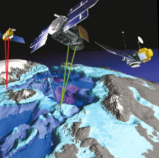 SLIK FUNGERER DET: Satellittene m�ler enkelt forklart h�yden p� havoverflaten ved hjelp av et radarsignal som sendes til jorda og tilbake til satellitten. Tida det tar � sende signalet fram og tilbake, multiplisert med lyshastigheten, utgj�r avstanden mellom satellitten og havoverflaten. Les mer om m�lingene her. Illustrasjon: SHUM & BRAUN 2004