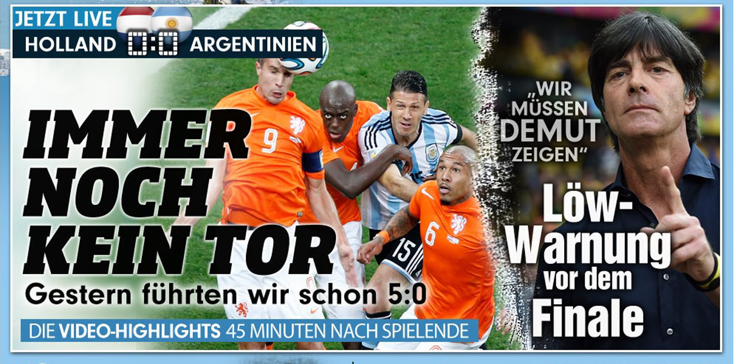 <B>INGEN MÅL:</b> Tyske Bild påpeker det åpenbare: Det har fortsatt ikke blitt mål mellom Nederland og Argentina - og i går ledet tyskerne allerede 5-0 til pause.