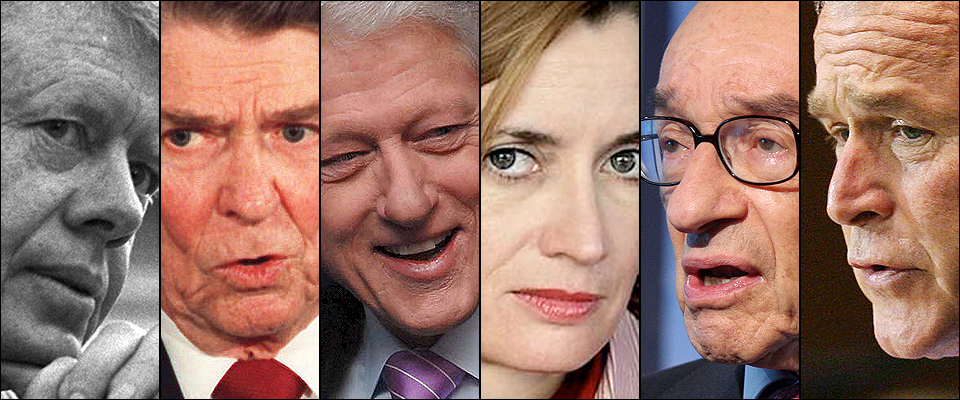 IKKE ALENE OM � HA FOR�RSAKET FINANSKRISA, MEN...: Beslutninger som disse menneskene tok, skulle vise seg � f� negative konsekvenser for den amerikanske �konomien. Fra venstre eks-president Jimmy Carter, eks-president Ronald Reagan, eks-president Bill Clinton, JP Morgan-sjef Blythe Masters, tidligere sentralbankdirekt�r Alan Greenspan og n�v�rende president George W. Bush.