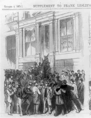 L�P TIL NASJONALBANKEN! Det var tittelen p� denne tegningen som sto p� trykk i Frank Leslie's Illustrated Newspaper 4. oktober 1873. Fra: Library of Congress