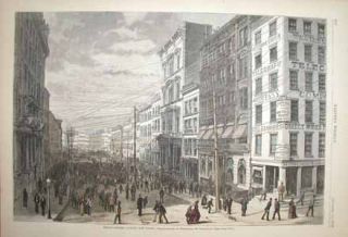 WALL STREET 1873: B�rsen krasjet og ble stengt for f�rste gang i historien. Stengingen varte i 10 dager.. Slik s� det if�lge tegneren til Harper's Weekly ut p� Wall Street under krisen. Tegningen sto p� trykk 11. oktober. Fra: Library of Congress