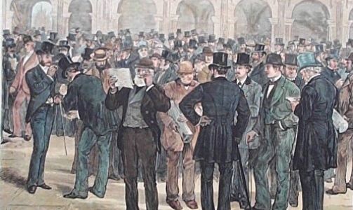 IKKE AKKURAT GORDON GEKKO: Datidens aksjehandlere p� gulvet i b�rsen i Liverpool i 1874. Tegning fra Harper's Weekly.