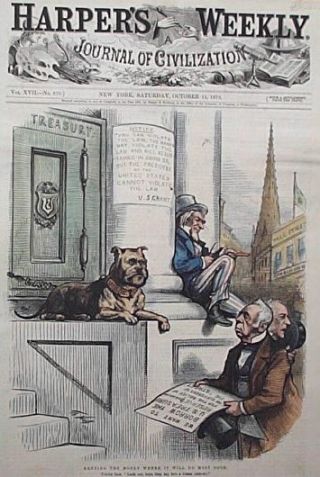 KRITISK: Denne tegningen fra 1873 ble laget av den kjente Thomas Nast. Den viser den amerikanske presidenten Ulysses S. Grant  som nekter � redde Wall Street.