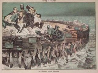 DE RIKE MED RESERVER KLARTE SEG GODT I 1873: Denne tegningen viser rikingene Gould, Vanderbilt og Field som sitter p� toppen av monopolskuta si, som er bygget opp av lave l�nninger og lange arbeidsdager. Arbeidsfolkene holder skuta oppe. Tegningen sto p� trykk i de tyske versjonen av magasinet Puck i 1878.