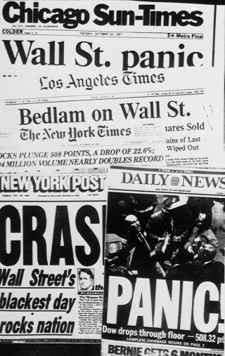 HARDERE VIRKEMIDDEL: Kollasj av amerikanske aviser etter den svarte mandagen p� b�rsen 19. oktober 1987. Foto: AP