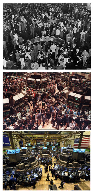 NEW YORK-B�RSEN GJENNOM TIDENE: Det finnes ikke fotografi fra b�rskrakket i 1873. Dette kombinasjonsbildet viser 1987-krakket (i midten). Nederst 6. oktober 2008. Foto: AFP