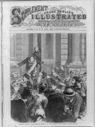 TABLOID OGS� DEN GANG: Hele f�rstesiden p� Frank Leslie's Illustrated Newspaper var dekket av b�rskrakket. Tegningen viser stengningen av b�rsen 20. september 1873. Fra: Library of Congress