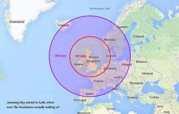 <b>500 MILES</b> Det skotske folkrockbandet The Proclaimers kan få et problem dersom de skal gå «500 miles» slik de påstår i deres ikoniske, og kanskje mest kjente låt «I'm Gonna Be (500 Miles)». Bandet, bestående av de to eneggede tvillingene Charlie og Craig Reid er sterke tilhengere av et uavhengig Skottland og har donert over 100 000 kroner til ja-kampanjen. Nå har dette bildet gått som en farsott på Twitter, og viser hvor langt de hadde kommet.  