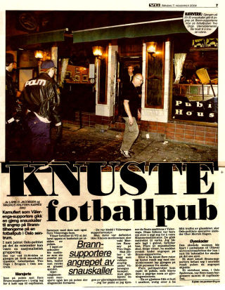 BLE RAMMET: I 2004 ble en pub i Oslo rasert da VIF-supportere stormet lokalet der Brann-tilhengere var samlet. - Det er problematisk n�r oppgj�rene skjer i n�rheten av vanlige supportere og andre folk, sier Reim.Faksimile: VG