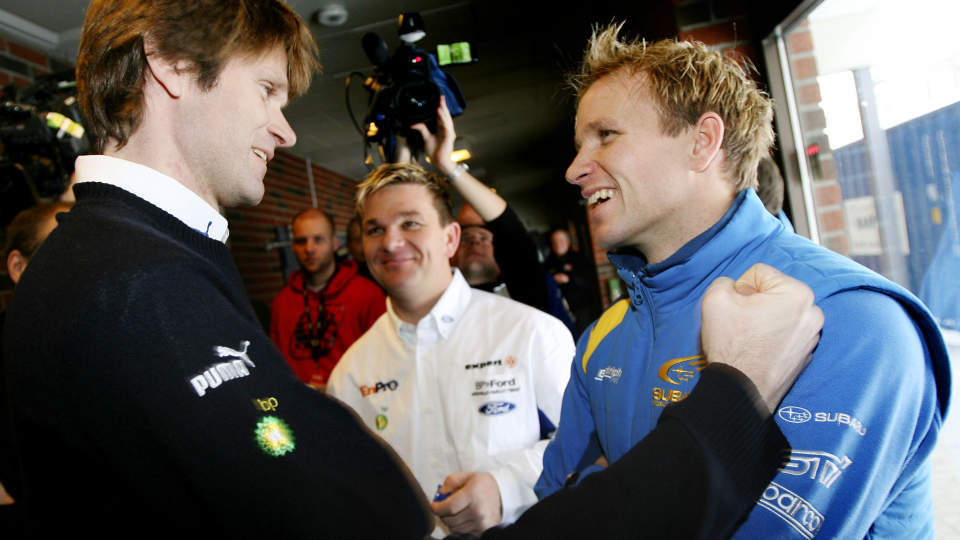 KAN BLI TEAM-KAMERATER: Marcus Gr�nholm har egentlig lagt opp, men er if�lge rapporter aktuell for et comeback i Petter Solbergs Subaru-team. I bakgrunnen bror Henning.
Foto:  H�kon Mosvold Larsen / SCANPIX
