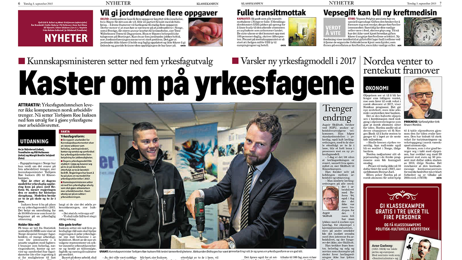 Utdanningsminister Torbjørn Røe Isaksen ønsker ny yrkesfagmodell, faksimile fra dagens Klassekampen. 