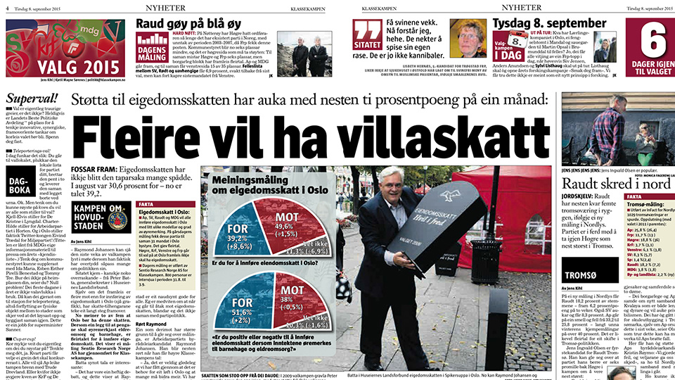 Faksimile Klassekampen. Hele 51 prosent sier at de stiller seg positiv til eiendomsskatt, forutsatt at pengene blir brukt til eldreomsorg og barnehager. 