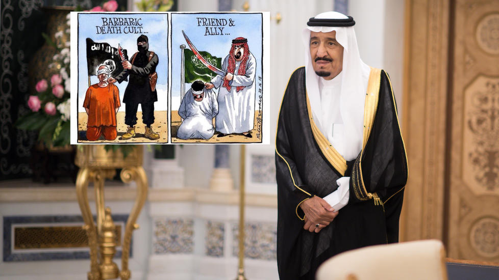 TRUER MED SØKSMÅL: Saudi-Arabia, her ved konge og statsminister Salman bin Abdulaziz Al Saud, liker dårlig at kongedømmet blir sammenliknet med IS. De truer med å saksøke alle som gjør det på internett, noe som har ført til en enorm kampanje. Foto: NTB scanpix / Faksimile: The Times