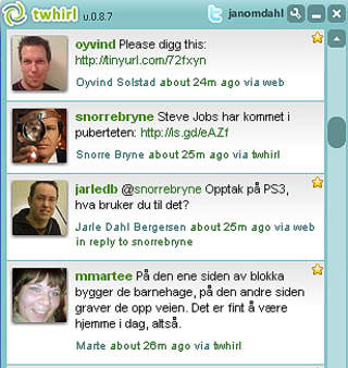 P� SKRIVEBORDET: Twhirl flytter twitterfeeden din inn p� skrivebordet, i et chatliknende grensesnitt. Pr�v det, og bli hekta.