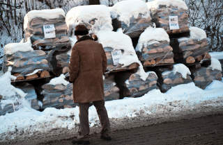 BULGARIA: En mann stirrer lengselsfullt p� vedsekkene. Landet er hardt rammet av kuldeb�lgen og gassmangelen. Foto: AFP/DAGBLADET