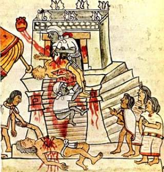 MENNESKEOFRING KJENT I HISTORIEN: Aztekerne ble kjent for menneskeofring. Denne tegningen fra Codex Mendozaviser en slik seremoni. Foto: WIKIMEDIA
