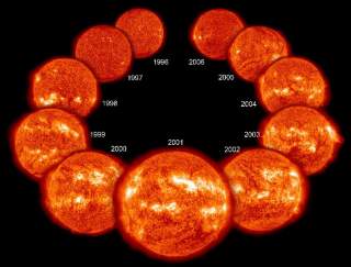 KRAFTIGERE STR�LING: Solas utstr�ling er blitt m�lt med satellitter siden 1979 og denne  
utstr�lingen varierer med solsyklusen.Illustrasjon: NASA