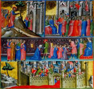 KORSFARERE I JERUSALEM: Øverst er Jesus i Jerusalem og tempelet ødelegges. I midten halshugges jøder. Nederst erobres Jerusalem av korsfarere. Dette bildet ble påbegynt i England omkring 1200 og ferdigstilt i Spania i det 14. århundre. Foto: WIKIMEDIA KORSFARERE I JERUSALEM: Øverst er Jesus i Jerusalem og tempelet ødelegges. I midten halshugges jøder. Nederst erobres Jerusalem av korsfarere. Dette bildet ble påbegynt i England omkring 1200 og ferdigstilt i Spania i det 14. århundre. Foto: WIKIMEDIA