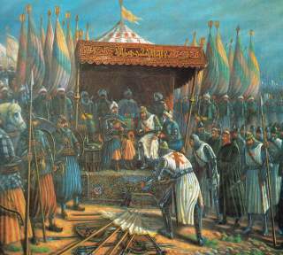 STOR HELT: Saladin feirer seieren etter slaget ved Hattin. Dette ble vendepunktet i korstogene. De kristne kom aldri like sterkt tilbake. Foto: WIKIPEDIA STOR HELT: Saladin feirer seieren etter slaget ved Hattin. Dette ble vendepunktet i korstogene. De kristne kom aldri like sterkt tilbake. Foto: WIKIPEDIA