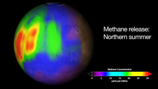 KONSENTRERTE UTSLIPP: Grafikken viser hvor metangassen er mest og minst konsetrert over Mars-overflaten (hhv. r�dt og bl�tt/lilla). Konsentrasjonen varierer med �rstidene, og dette er en m�ling foretatt p� den nordlige halvkula, om sommeren der. Grafikk: NASA