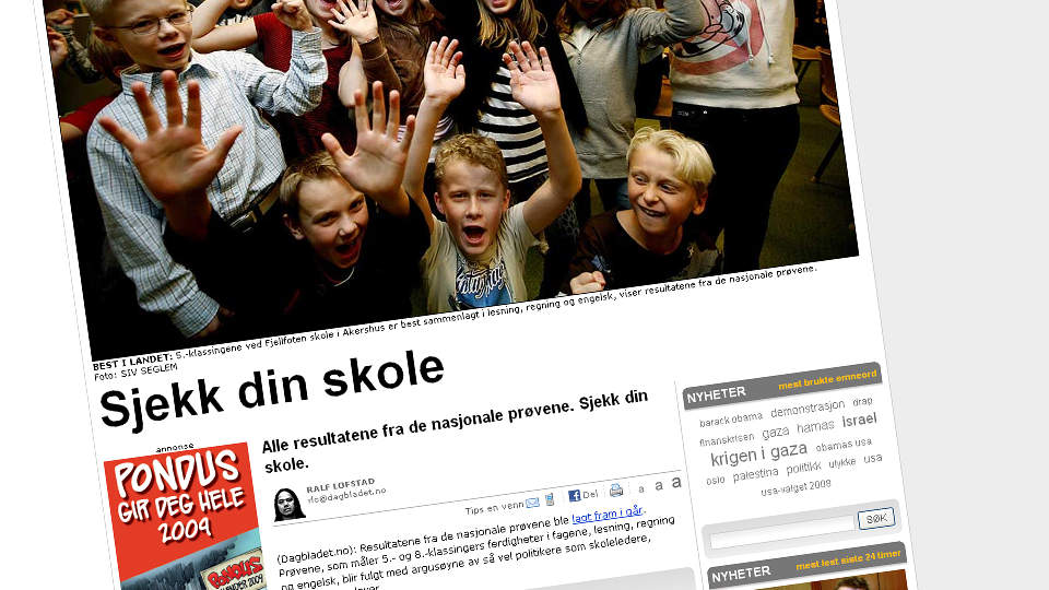 VAR STORFORN�YDE: Elevene i 5-klasse ved fjellfoten skole i Akershus var best sammenlagt i lesning, regning og engelsk, viste resultatene fra de nasjonale pr�vene i fjor. Foto: Skjermdump