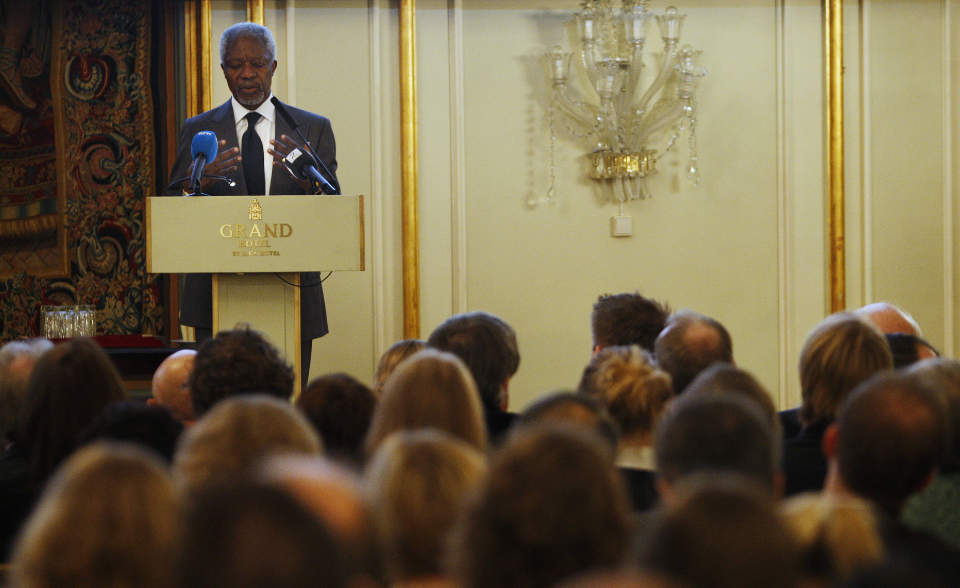 P� NORGESBES�K: Tidligere generalsekret�r i FN og fredsprisvinner Kofi Annan talte under NUPIs 50-�rs konferanse p� Grand hotel i Oslo onsdag.
Foto: Erlend Aas / SCANPIX