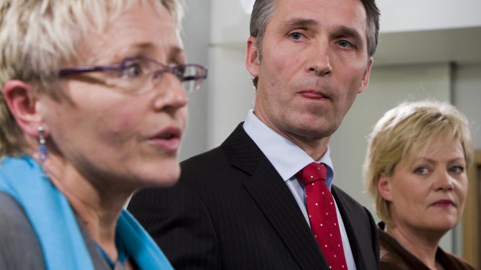 I HARDT V�R: Sp-leder Liv Signe Navarsete kan ha plumpet uti p� dypt vann under en tale foran partikolleger i Stj�rdal i g�r. Foto:  Heiko Junge/SCANPIX