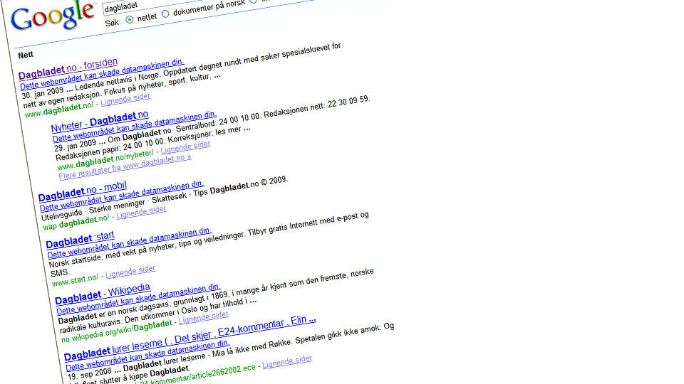 GOOGLETR�BBEL: Slik s� det ut da undertegnede pr�vde � s�ke opp Dagbladet gjennom Googles s�ketjeneste tidligere i dag. Faksimile: Google