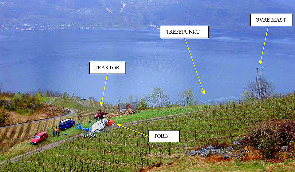 UN�DVENDIG RISIKO: Havarikommisjonen mener piloten fl�y un�dvendig lavt da han treff str�mledningen 31 meter over bakken og deiset i bakken. Ulykken skjedde 25. april 2003 i Ullensvang i Hordaland. Foto: HAVARIKOMMISJONEN