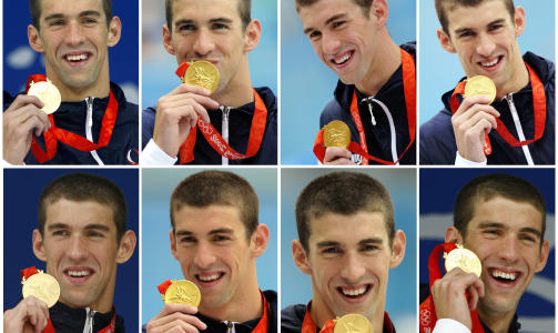  INGEN OVER:  Michael Phelps med hver av de �tte gullmedaljene etter hvert som de rant inn i Beijing-OL sist sommer. FOTO: REUTERS/SCANPIX.