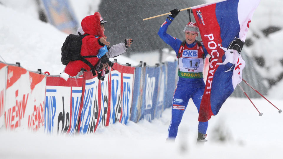 DOPINGTATT: Jekaterina Jurijeva er en av tre russiske skiskyttere som nylig er tatt for doping. N� skal Russland bli bedre p� antidopingarbeid - blant annet med hjelp fra Norge. Foto: AFP/JOE KLAMAR