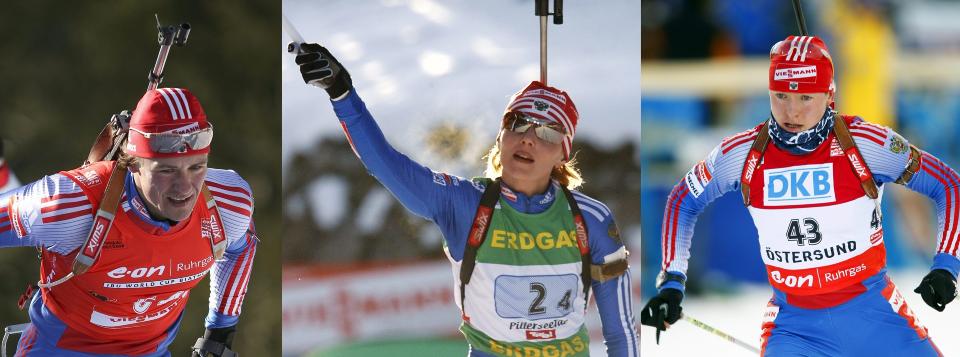 NESESPRAY: De russiske skiskytterstjernene Dmitrij Jarosjenko (t.v.),  Albina Akhatova og Jekaterina Jourijeva ble sendt hjem fra VM etter at det ble bekreftet at B-pr�vene var positive p� doping. N� hevder russisk media at stoffet de har brukt ikke er ulovlig.Arkivfoto: Scanpix